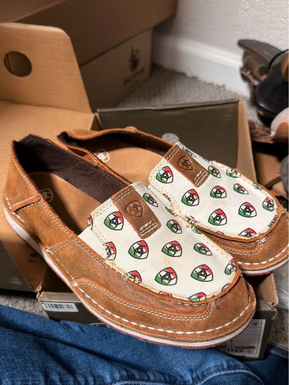 Ariat Brown Suede & White Mexico Printed Canvas Slip-On Loafers